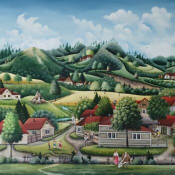 Peinture intitulée "Le village en Rouma…" par Mariana Mihut, Œuvre d'art originale, Huile