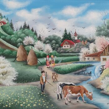 Peinture intitulée "Les vaches a la riv…" par Mariana Mihut, Œuvre d'art originale, Huile