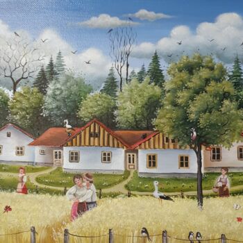 Peinture intitulée "Le champ de ble" par Mariana Mihut, Œuvre d'art originale, Huile