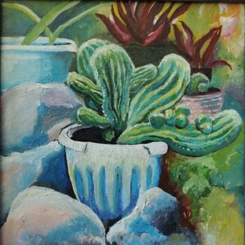 Painting titled "Кактус. Cactus." by Natalia Chaikovskaia, Original Artwork, Oil Mounted on Wood Stretcher frame