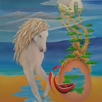 Painting titled "Le grand voyage" by Eric Bouquet, Original Artwork, Oil Mounted on Wood Stretcher frame