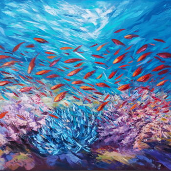 Pittura intitolato "Coral Reef Painting…" da Olga Nikitina, Opera d'arte originale, Olio Montato su Telaio per barella in le…