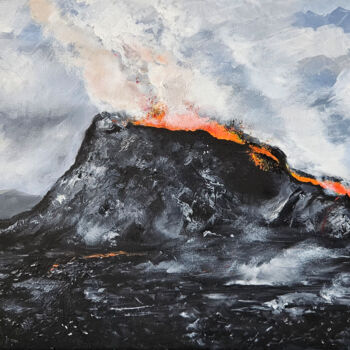 Peinture intitulée "Volcan islandais" par Troude Alexis, Œuvre d'art originale, Huile Monté sur Châssis en bois