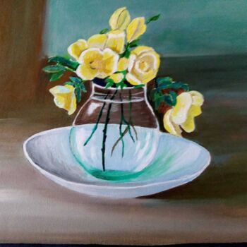 Malerei mit dem Titel "Yellow Blooms in Re…" von Solomon Labonne, Original-Kunstwerk, Bleistift Auf Keilrahmen aus Holz mont…