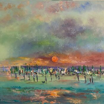 Painting titled "Summer evening" by Oksana Lukonina, Original Artwork, Oil Mounted on Wood Stretcher frame