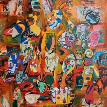 Collages titled "Rues en fête" by Ludovic Grosset, Original Artwork, Acrylic Mounted on Wood Panel