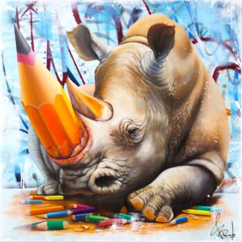 Painting titled "Rhinocéros Urbain" by Vincent Bardou, Original Artwork, Oil Mounted on Wood Stretcher frame