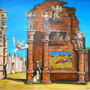 Painting titled "Heiligenbesuch in S…" by Rolf Großkopf, Original Artwork, Acrylic Mounted on Wood Stretcher frame