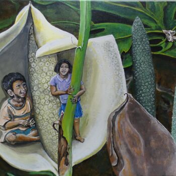 Painting titled "Besuch im Blütensta…" by Rolf Großkopf, Original Artwork, Acrylic Mounted on Wood Stretcher frame