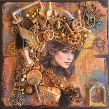 Collages titled "Lady Steampunk" by Delphine Sagot, Original Artwork, Collages Mounted on Wood Stretcher frame