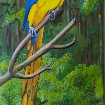 Painting titled "Gelbbrustara" by Rolf Großkopf, Original Artwork, Acrylic Mounted on Wood Stretcher frame