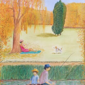 Dessin intitulée "Pêche en famille -…" par Eric Audry, Œuvre d'art originale, Pastel
