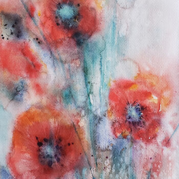 Pittura intitolato "Poppies in the rain" da Muriel Mougeolle, Opera d'arte originale, Acquarello