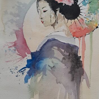 Ζωγραφική με τίτλο "impression geisha" από Pascal Douffet, Αυθεντικά έργα τέχνης, Ακουαρέλα