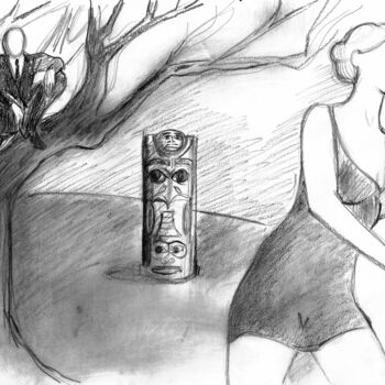Dessin intitulée "L'étrange totem" par Alliet-Delacroix, Œuvre d'art originale, Crayon