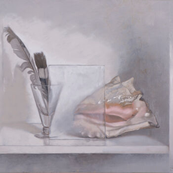 Painting titled "Plumas y caracola" by Juan Álvarez Cebrián, Original Artwork, Oil Mounted on Wood Panel