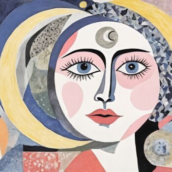 Painting titled "Woman with a Blue H…" by Asel, Original Artwork, Acrylic Mounted on Wood Stretcher frame