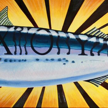Ζωγραφική με τίτλο "Holy Mackerel" από Ryan Rice, Αυθεντικά έργα τέχνης, Λάδι Τοποθετήθηκε στο Ξύλινο φορείο σκελετό