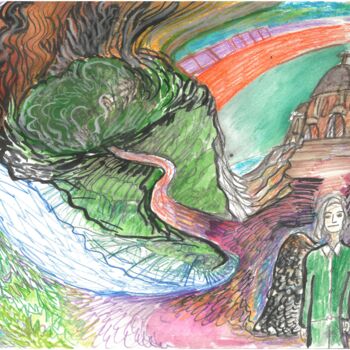 Peinture intitulée "Ange et Eglise" par Martin Rupp, Œuvre d'art originale, Gouache