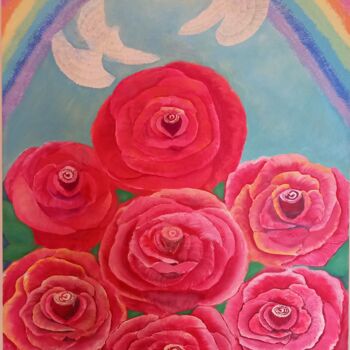 Painting titled "Roses" by Virginija Grudžinskienė, Original Artwork, Acrylic Mounted on Wood Stretcher frame