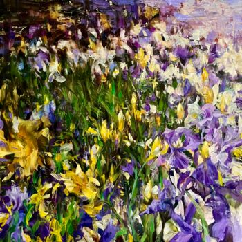 Painting titled "KINGDOM OF IRISES -…" by Elena Mashajeva-Agraphiotis, Original Artwork, Oil Mounted on Wood Stretcher frame