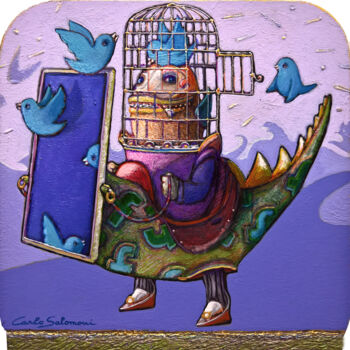 绘画 标题为“MR. CHIRPBOOK AND T…” 由Carlo Salomoni, 原创艺术品, 丙烯 安装在木板上