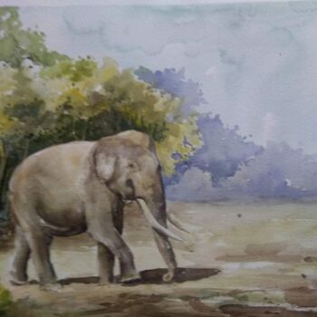 Painting titled "Graceful Giant" by Dilan Thameera Samarathunga, Original Artwork, Watercolor Mounted on Glass