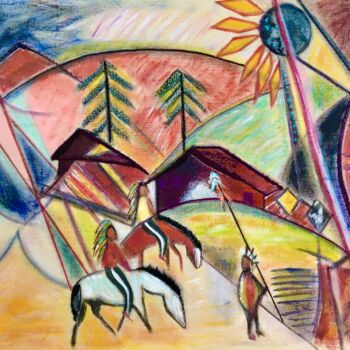 Painting titled "Village amérindiens" by Michèle Péré, Original Artwork, Oil Mounted on Wood Stretcher frame