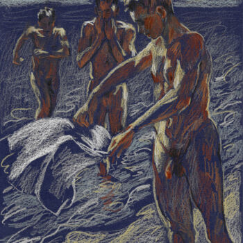 Drawing titled "Night swimming on t…" by Sergey Sovkov, Original Artwork, Conté