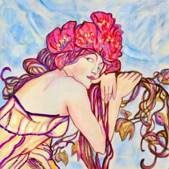 Ζωγραφική με τίτλο "Naïade aux pivoines…" από Michèle Péré, Αυθεντικά έργα τέχνης, Λάδι Τοποθετήθηκε στο Ξύλινο φορείο σκελε…