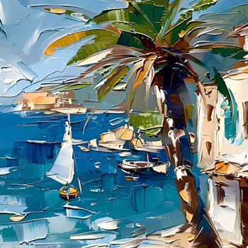 Digital Arts titled "Palm Tree By The Sea" by Elena Avanesova, Original Artwork, AI generated image