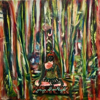 Ζωγραφική με τίτλο "Jardin de Bouddha" από Michèle Péré, Αυθεντικά έργα τέχνης, Λάδι Τοποθετήθηκε στο Ξύλινο φορείο σκελετό