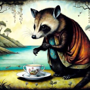 Peinture intitulée "Teatime Bandit" par Alexandr Kuznetsov, Œuvre d'art originale, Acrylique Monté sur Châssis en bois