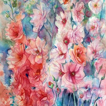 제목이 "Hollyhocks"인 미술작품 Olga Brink Art로, 원작, 수채화 판지에 장착됨
