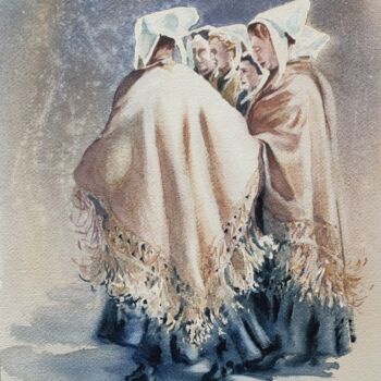 Painting titled "Bretonnes, six trég…" by Marc Broudic, Original Artwork, Watercolor