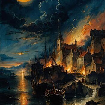 Arts numériques intitulée "...the town in fire" par Kyozai, Œuvre d'art originale, Image générée par l'IA