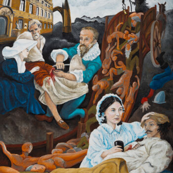 Painting titled "Les soignants" by Marianne Kiciak, Original Artwork, Oil Mounted on Wood Panel