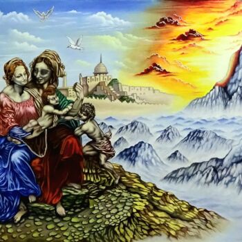 Peinture intitulée "Virgin And The Chil…" par Surajit Purkait, Œuvre d'art originale, Huile Monté sur Châssis en bois