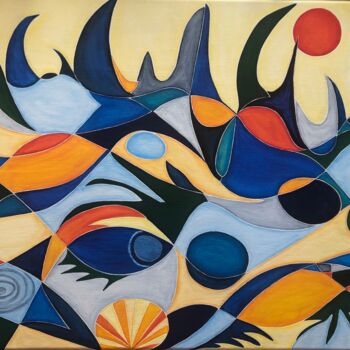 Painting titled "Le grand plongeon" by Nathalie Herbulot, Original Artwork, Oil Mounted on Wood Stretcher frame