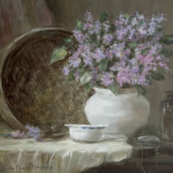 「Purple lilies in th…」というタイトルの絵画 Nk. Artboxによって, オリジナルのアートワーク, オイル ウッドストレッチャーフレームにマウント