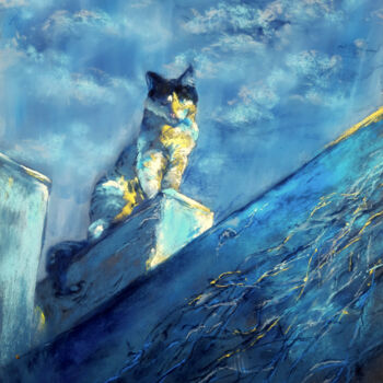 제목이 "Cat on the roof"인 미술작품 Nadia Bedei로, 원작, 파스텔