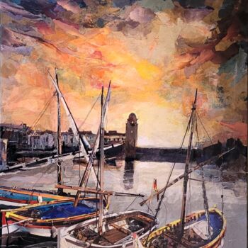 Collages intitulée "les bateaux dorment…" par Dana, Œuvre d'art originale, Collages Monté sur Châssis en bois
