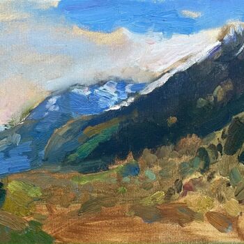 Painting titled "Mountain landscape" by Tat Ana Krasnova, Original Artwork, Oil Mounted on Wood Stretcher frame