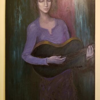 Painting titled "Guitarist" by Atom Hovhanesyan, Original Artwork, Oil Mounted on Wood Stretcher frame