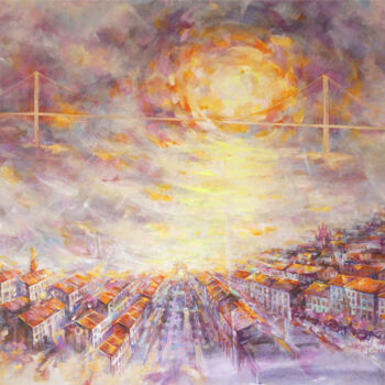 Painting titled "Sunset in Lisbon" by Ruslan Pushkash, Original Artwork, Oil