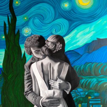 Painting titled "“Kiss on a Starry N…" by Aleksandra Efremova, Original Artwork, Acrylic Mounted on Wood Stretcher frame