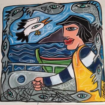 Painting titled "Manu le Pêcheur de…" by Caroline Cavalier, Original Artwork, Acrylic Mounted on Wood Stretcher frame