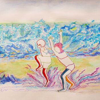 Peinture intitulée "Courir sur la plage" par Philip Moreau, Œuvre d'art originale, Aquarelle