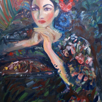 Painting titled "Dame au coquelicot" by Cécile Freitas, Original Artwork, Oil Mounted on Wood Stretcher frame