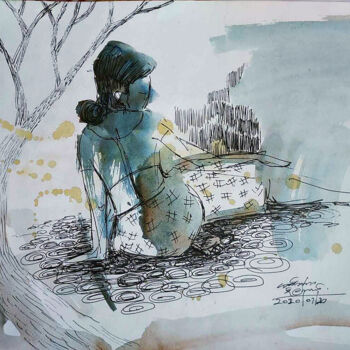 Painting titled "Captivating Beauty" by Shashintha Dilhani, Original Artwork, Ballpoint pen Mounted on Glass